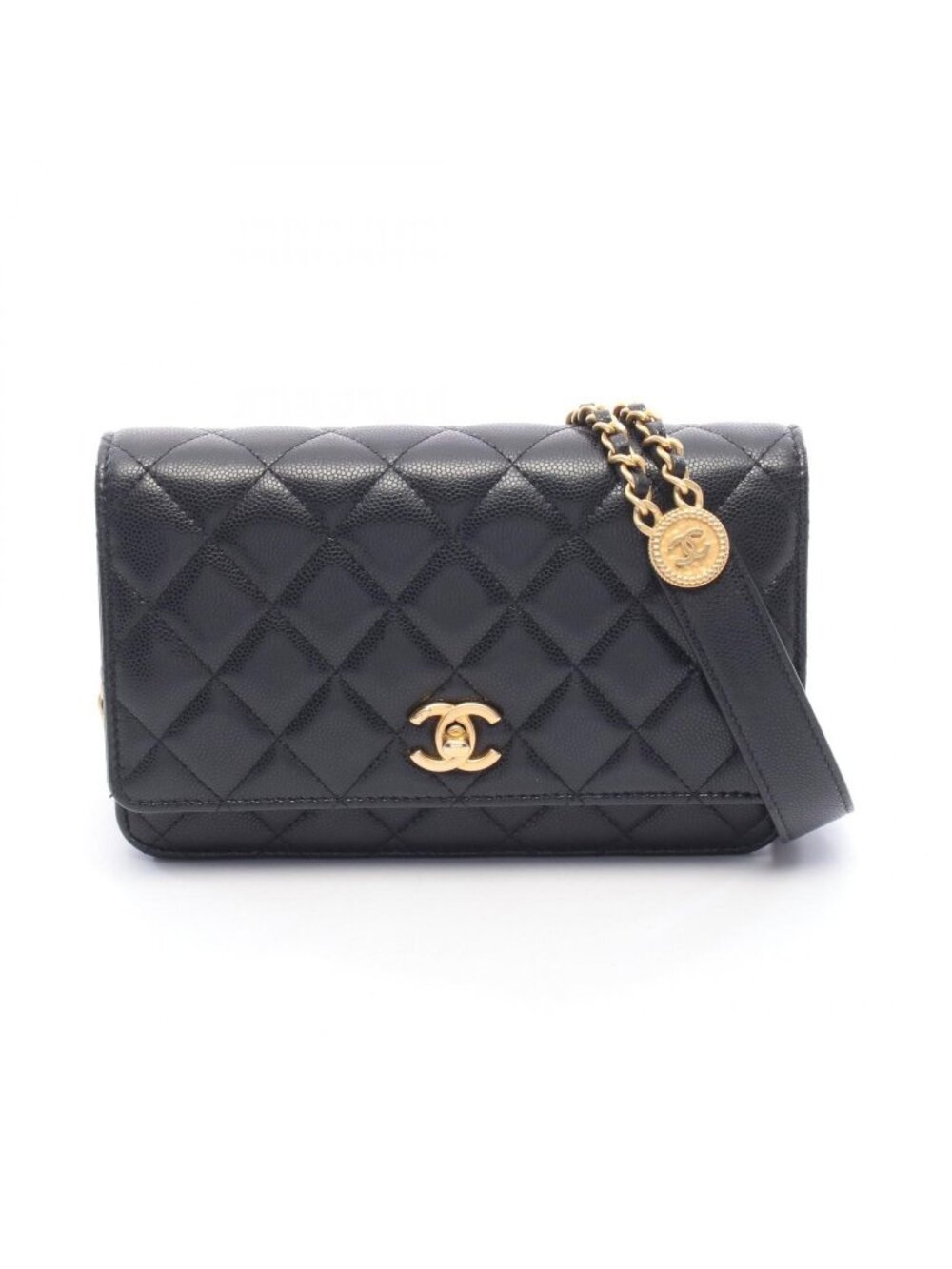 Chanel Shoulder Bag Quilted Black Caviar Leather Chain Wallet